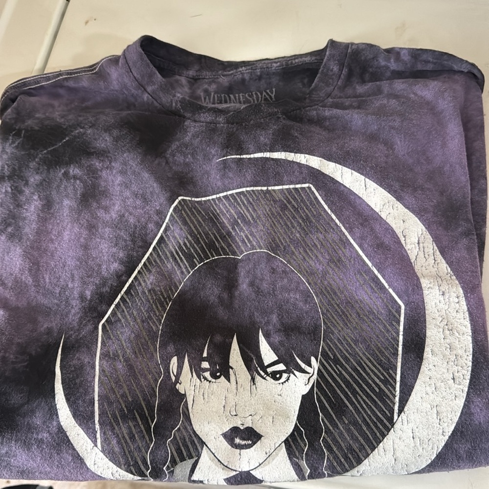 Purple and black tie dye Wednesday Addams t-shirt.